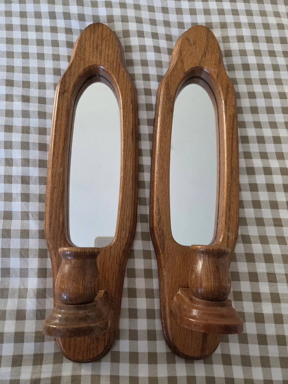 Vintage Oak Wall Sconces with Mirror, Swt Of Two